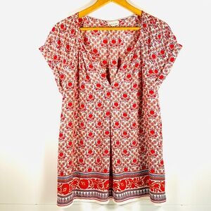 Boho casual red blue floral v-neck short sleeve lightweight flowy blouse coastal